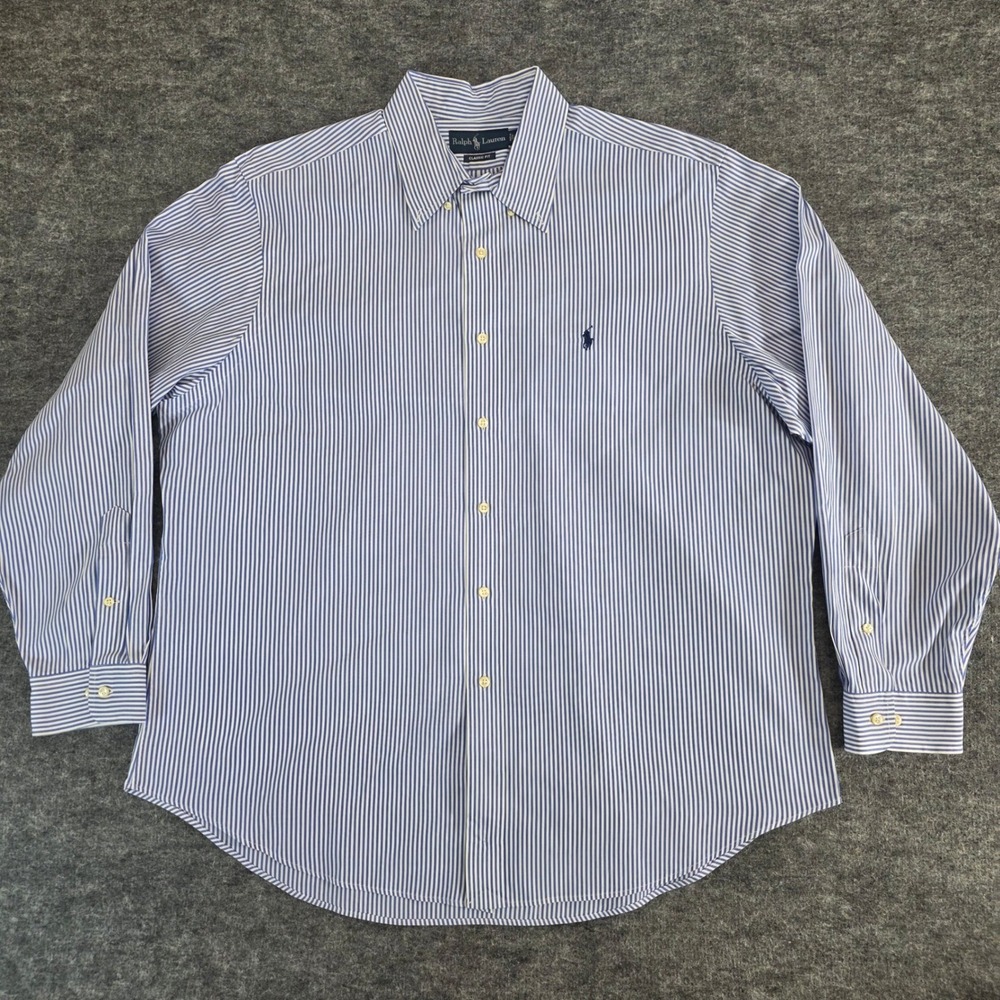 Ralph Lauren Button Down Shirt Mens 17.5 34/35 Blue White Striped Classic Fit
